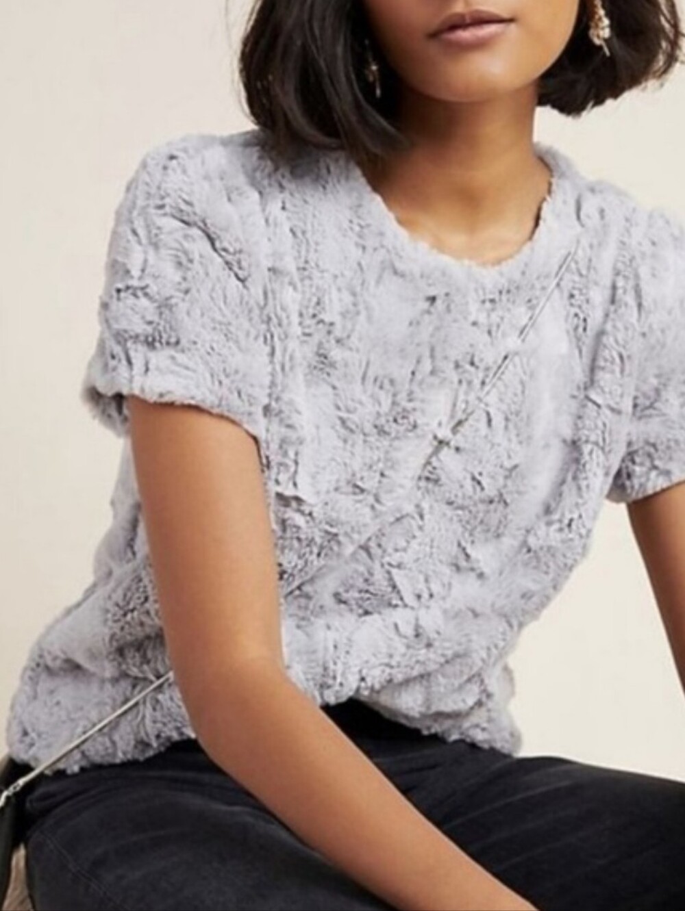 Anthropologie × Leifsdottir Fluffy Sweater Tee Gray Plush Faux Fur Zip Back SM